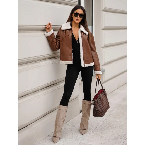 Sieviešu brūna ādas jaka ar kažokādu Maria JS/11Z8176