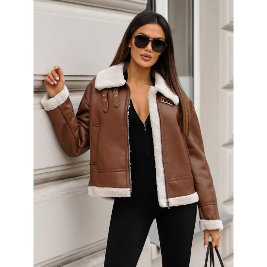 Sieviešu brūna ādas jaka ar kažokādu Maria JS/11Z8176
