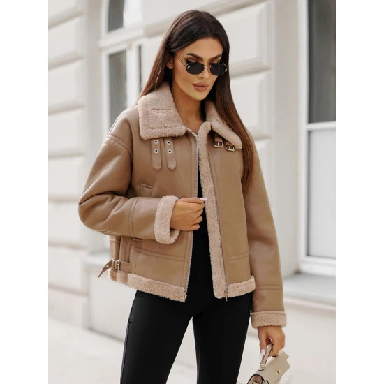 Sieviešu brūna ādas jaka ar kažokādu Maria JS/11Z8176