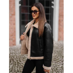 Sieviešu melna ādas jaka ar brūnu kažokādu Maria