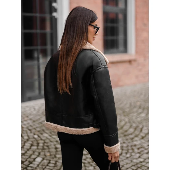 Sieviešu melna ādas jaka ar brūnu kažokādu Maria