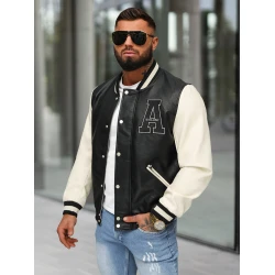 Ādas bomber jaka melna balta Alfa