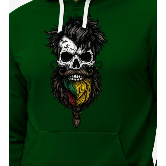 Tumši zaļš sporta krekls ar kapuci Galvaskauss ar cirtainiem matiem PK4013