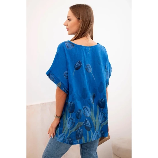 Sieviešu tumši zils krekls ar ziediem Limon T-krekls