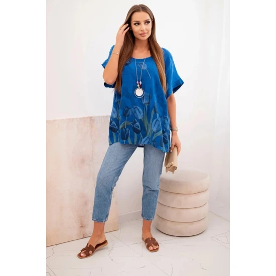 Sieviešu tumši zils krekls ar ziediem Limon T-krekls