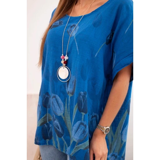 Sieviešu tumši zils krekls ar ziediem Limon T-krekls