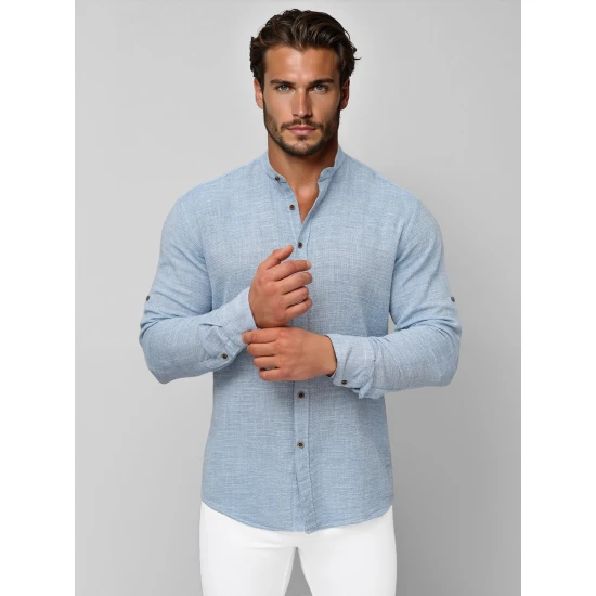 Vīriešu zils svinību krekls ar stāvveida apkakli O/V157