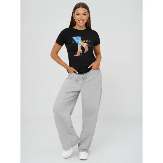 Sieviešu melns T-krekls Fact JS/96T690/3