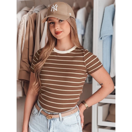 Sieviešu brūns svītrains T-krekls Liness RY2810