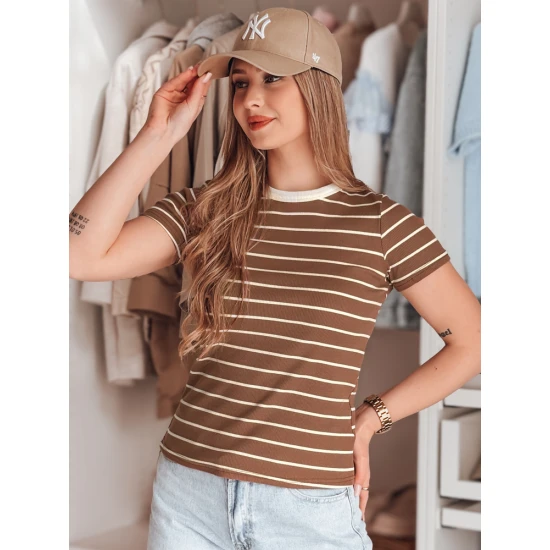 Sieviešu brūns svītrains T-krekls Liness RY2810