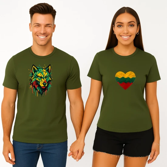 Haki krāsas T-kreklu komplekts Heart Geometric Wolf PK4027