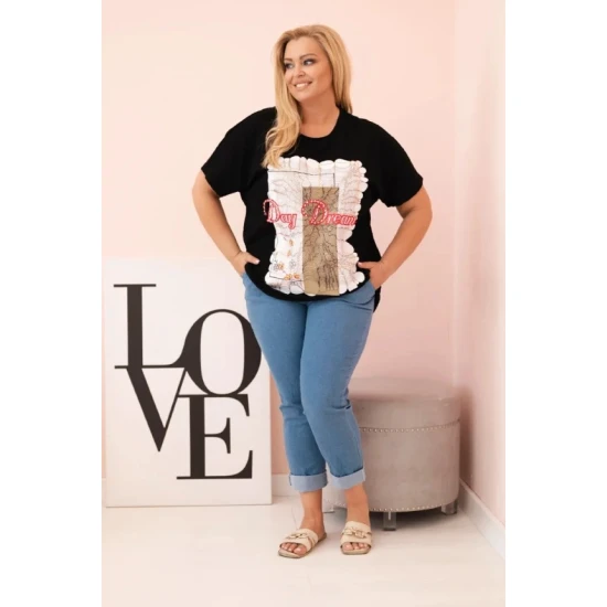 Sieviešu melns t-krekls ar brūnu detaļu Day dream 33317