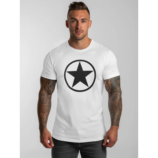 Vīriešu balts T-krekls ar zvaigzni T-krekls ar saukļiem