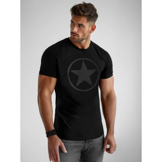 Vīriešu melns T-krekls ar zvaigzni T-krekls ar saukļiem