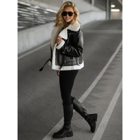 Sieviešu melna ādas jaka ar baltu kažokādu Elen JS/11Z8177
