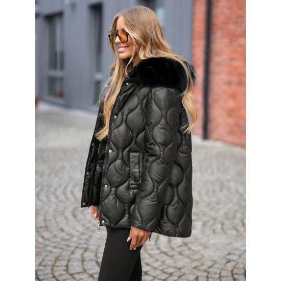 Sieviešu melna jaka ar melnu kažokādu Mona Sieviešu jakas