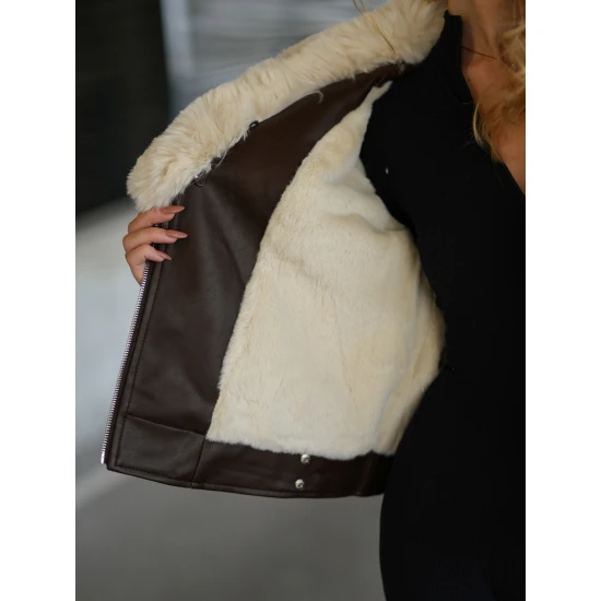 Sieviešu brūna ādas jaka ar kažokādu Lāzers Sieviešu jakas