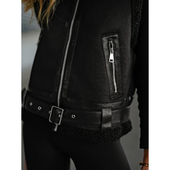 Sieviešu melna ādas jaka Pixel Sieviešu vestes