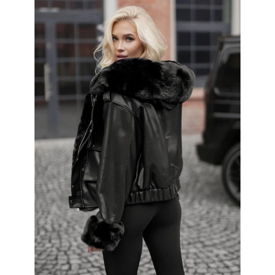 Sieviešu melna ādas jaka ar kažokādu Dersi Sieviešu jakas