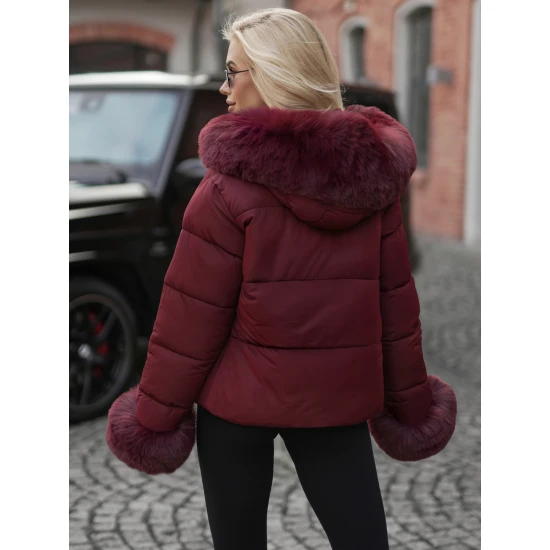 Sieviešu ziemas jaka bordo krāsā ar kažokādu Evin Jakas