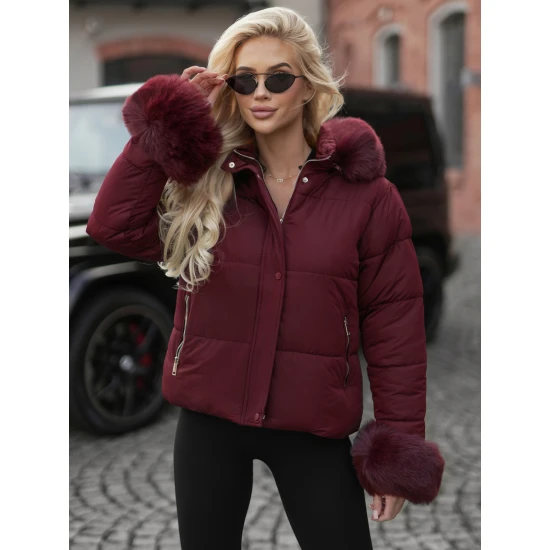 Sieviešu ziemas jaka bordo krāsā ar kažokādu Evin Jakas