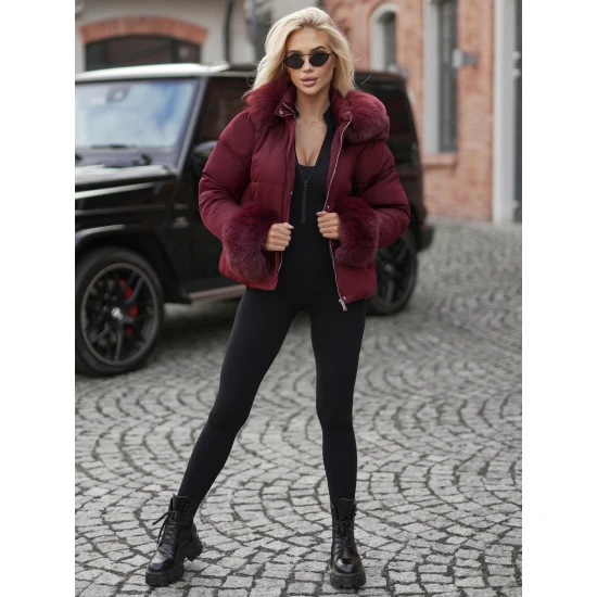 Sieviešu ziemas jaka bordo krāsā ar kažokādu Evin Jakas