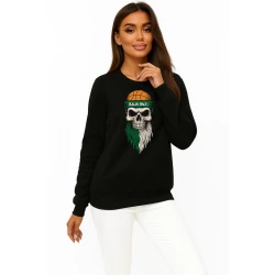 Sieviešu melns džemperis ar kapuci zaļš un balts