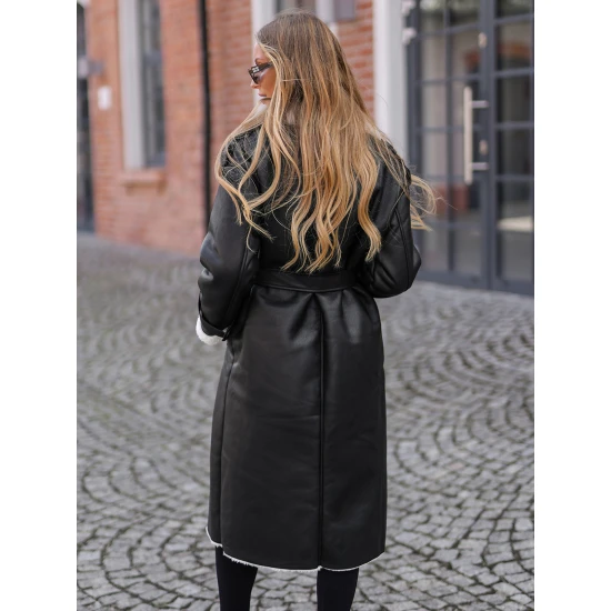 Sieviešu melns, garš ādas mēteli ar mākslīgo kažokādu Emil Jakas