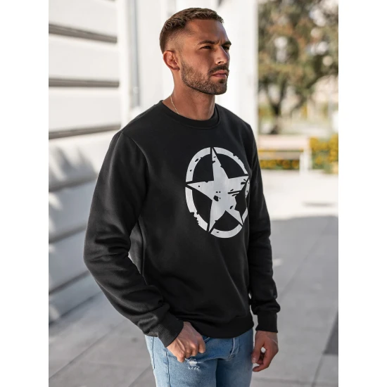 Vīriešu melns džemperis ar militārajām zvaigznēm Džemperi bez kapuciņiem