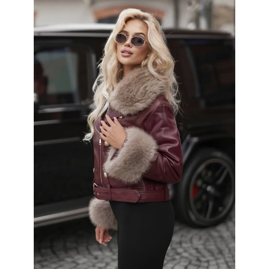 Sieviešu bordo ādas jaka ar brūnu kažokādu Elis Sieviešu jakas