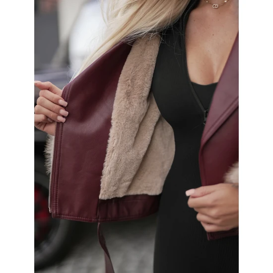 Sieviešu bordo ādas jaka ar brūnu kažokādu Elis Sieviešu jakas