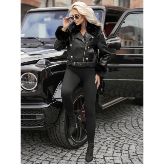 Sieviešu melna ādas jaka ar melnu kažokādu Elis Sieviešu jakas