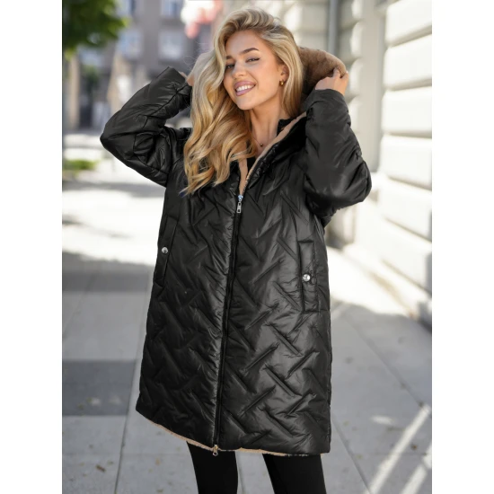Sieviešu ziemas divpusējā melnā jaka ar kapuci Ela Sieviešu jakas