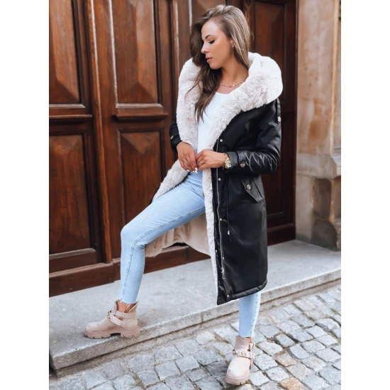 Sieviešu gara melna jaka ar gaišu kažokādu Harpe Sieviešu jakas