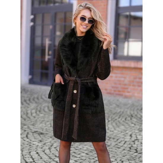 Sieviešu melns mētelis ar kažokādu Korin Sieviešu jakas