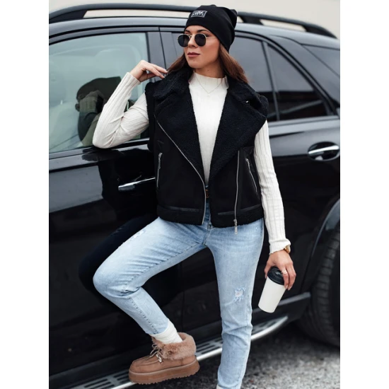 Sieviešu melna vilnas jaka ar kažokādu Sieviešu vestes