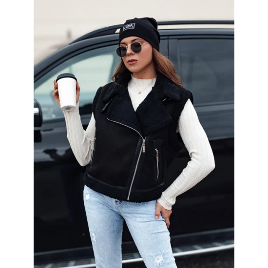 Sieviešu melna vilnas jaka ar kažokādu Sieviešu vestes