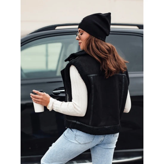 Sieviešu melna vilnas jaka ar kažokādu Sieviešu vestes