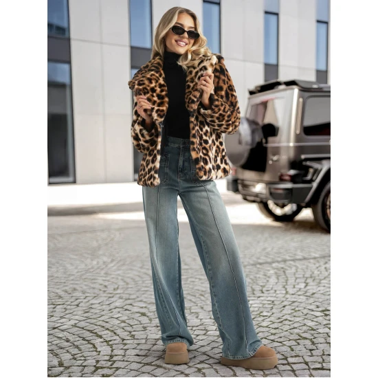 Sieviešu brūna kažokādas jaka ar dzīvnieku rakstu Leopard Sieviešu jakas