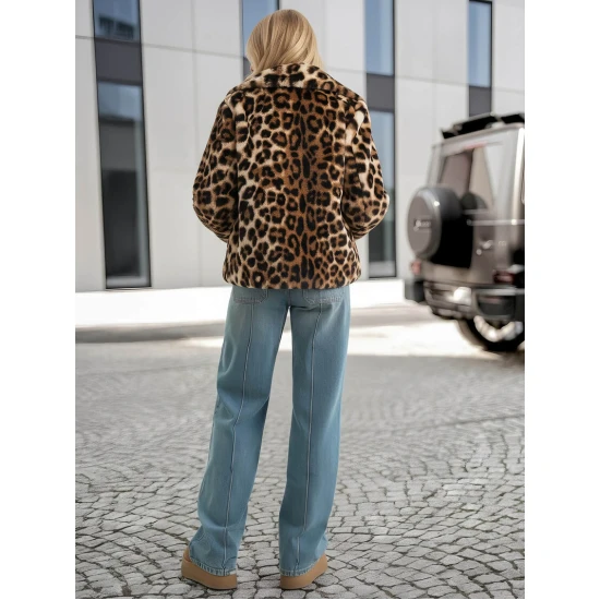 Sieviešu brūna kažokādas jaka ar dzīvnieku rakstu Leopard Sieviešu jakas