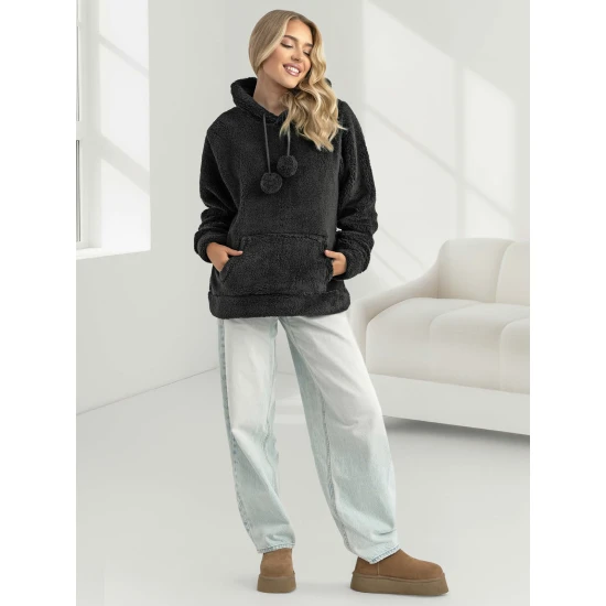 Sieviešu melns džemperis ar kapuci Nara Džemperi ar kapuci