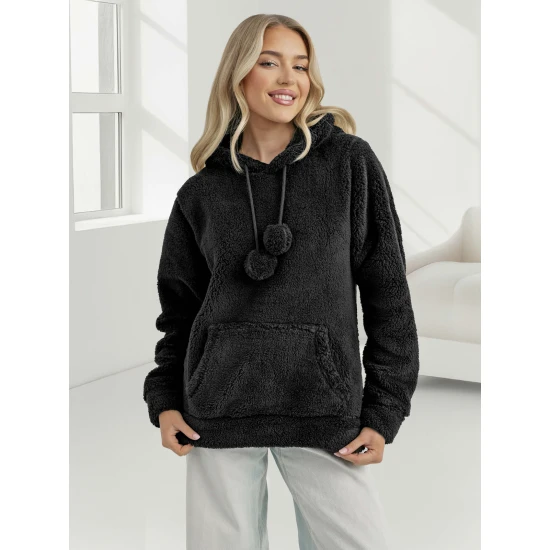 Sieviešu melns džemperis ar kapuci Nara Džemperi ar kapuci