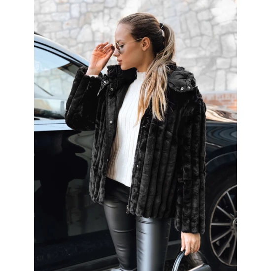 Sieviešu melna kažokādas jaka ar kapuci Marly Sieviešu jakas