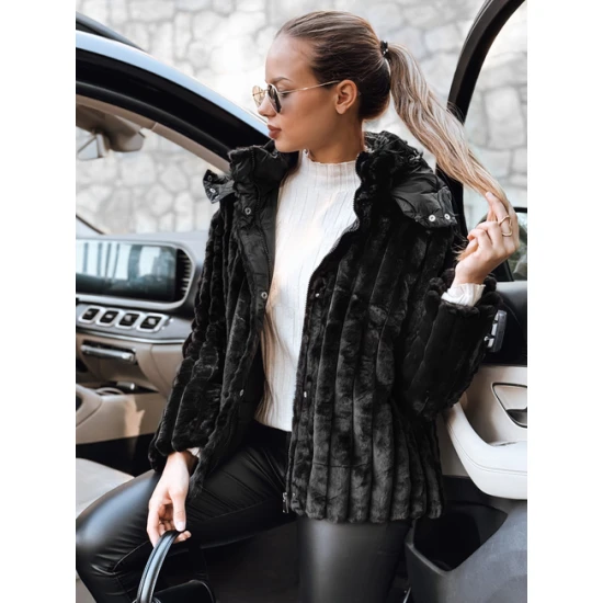 Sieviešu melna kažokādas jaka ar kapuci Marly Sieviešu jakas