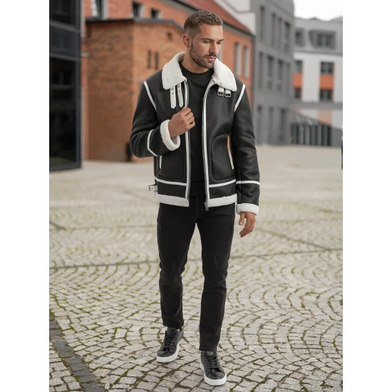 Vīriešu melna ādas jaka ar baltu kažokādu Capri Ādas jakas