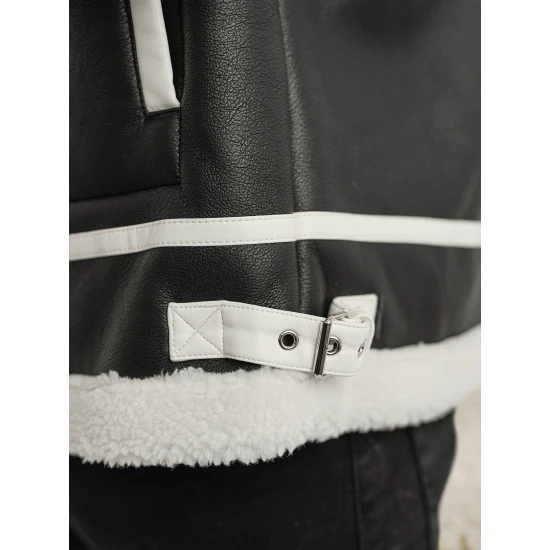 Vīriešu melna ādas jaka ar baltu kažokādu Capri Ādas jakas