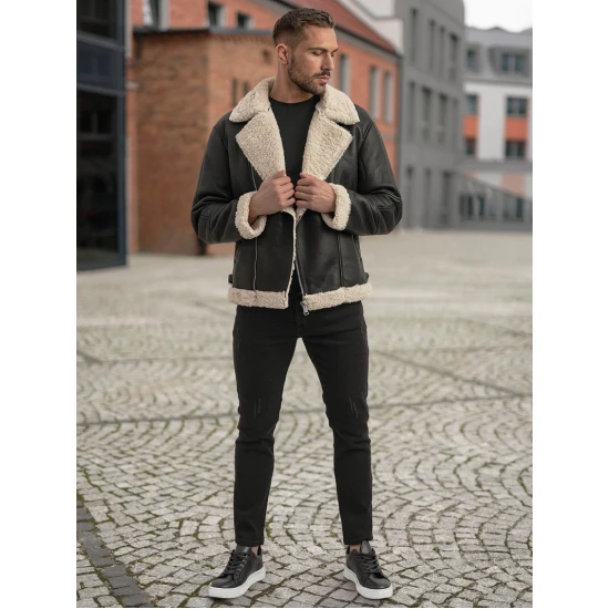 Vīriška melna ādas jaka ar kažokādu Ādas jakas