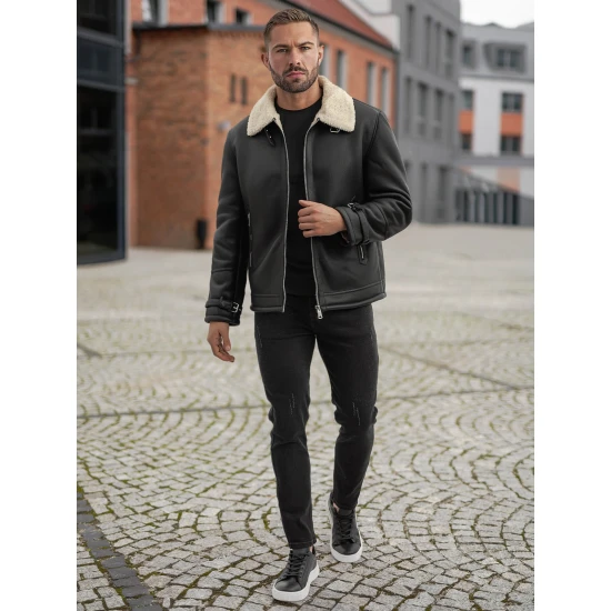 Vīriešu melna ādas jaka ar kažokādu Andy