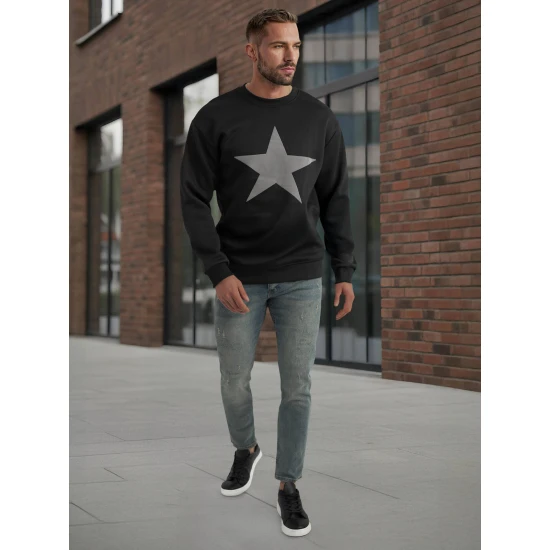 Vīriešu melns džemperis ar kapuci Star Džemperi ar uzrakstiem