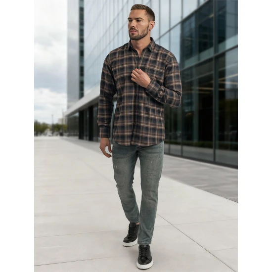 Vīriešu tumši zili brūns rūtains krekls Marino Krekli